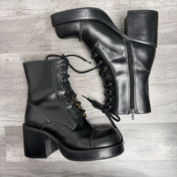Frye Vintage Y2K Villager Boot Lace Up Zip Stitch Chunky Heel Black Size 7 1/2 - Picture 3 of 9